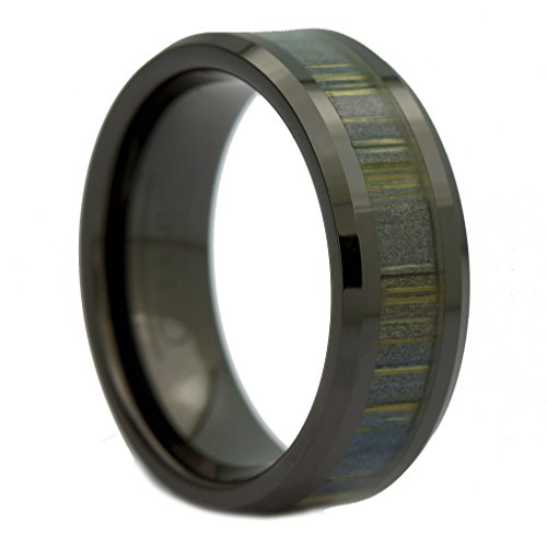 8mm Black Ceramic Ring, Inlay Made from Zebra Wood. Wedding Band Ring