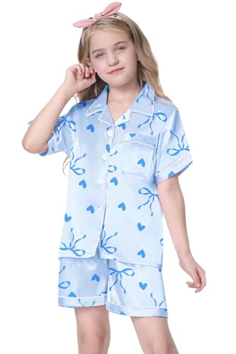 Image of Schbbbta Girls Womens Pajamas, Satin Silky Pjs Set Kids 2Pcs Button-Down Nightwear Sleepwear Gift for Mommy and me