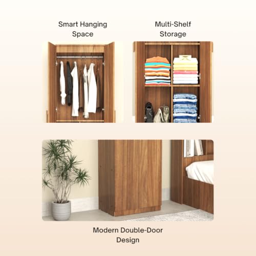 Image of COUCH CULTURE Astona Delight 2 Door Engineered Wood Wardrobe | Wooden Almirah | Multipurpose Storage Organizer | White Wardrobe | 1 Hanger Stand - 3 Shelves, 1 Year Warranty