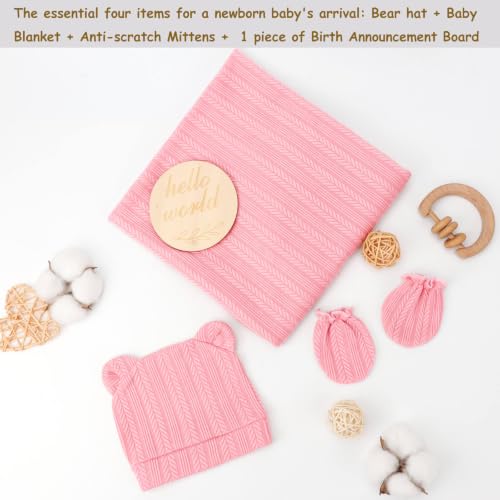 Image of DRESHOW BQUBO Newborn Receiving Blankets for Baby Girl Boy Swaddle with Bear Hat No Scratch Mittens Announcement Card Set for 0-3 Months