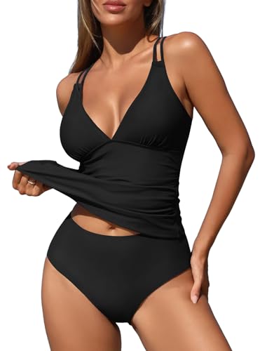 Image of ZAFUL Womens Tankini Swimsuits V Neck Push Up Swim Top Color Block Tummy Control High Waisted Bathing Suits Swim Bottom
