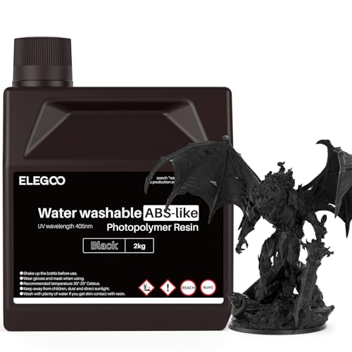 Image of ELEGOO Water Washable ABS-Like Resin, 3D Printer Resin with High Toughness, Low Viscosity and High Precision, 405nm Rapid UV-Curing Photopolymer Resin, Black 2000g