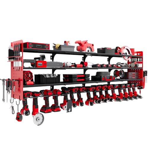 Large Power Tool Organizer Wall Mount, 16 Drill Holders Storage Rack, Red