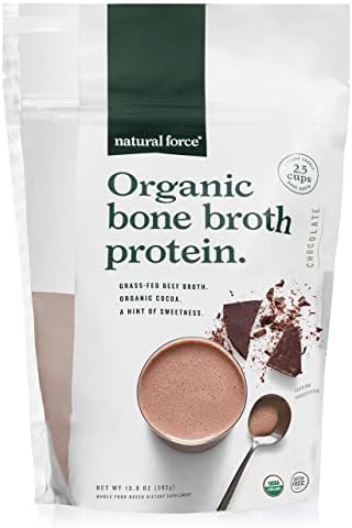 Natural Force - Chocolate Organic Bone Broth Protein Powder, Grass-Fed & Keto Certified, Types I, II & III Collagen, Rich and Creamy, Perfect for Smoothies & Shakes, 13.8 oz