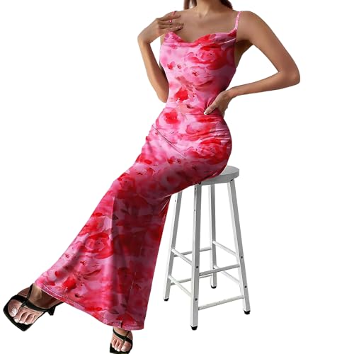 Image of Women's Spaghetti Strap Maxi Dress Floral Print Bodycon Long Dress Summer Beach Vacation Wedding Guest Outfits