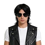 GYIOFAI Hombre Negro Mullet Peluca con Gafas para Adulto, Disfraces Peluca Chico Banda de Popstar Pelucas Corta Estrella de Rock Carnaval Halloween Cosplay de Pelo Sintético para Fiesta Festivales