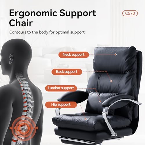 Image of LEAGOO Office Chair with Foot Rest, Swivel Computer Desk Chair PU Leather Reclining Chair, Ergonomic Lumbar Support Designed for Longer Sitting Sessions for Home /Office Workers - Black