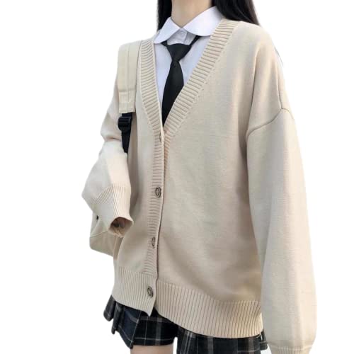 Image of Women's Japanese College Style Loose V-Neck Knitted Cardigan Female JK Jacket Japanese School Uniform Beige