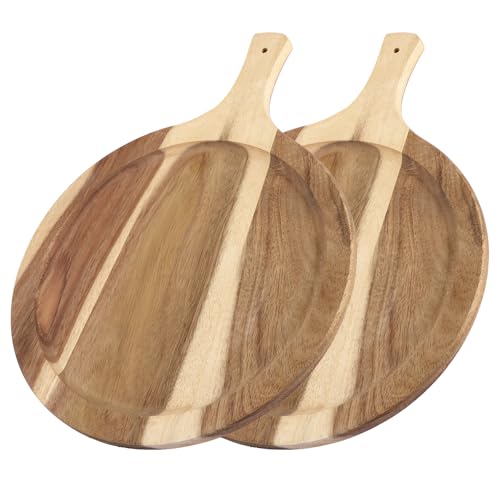 CYEER 2 tablas de charcutería para pizza, tabla de cortar de acacia de 12 pulgadas con mango de pala, tablas redondas de queso y tabla de servir para pizza, queso, panes, carnes y plato para servir