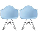 2xhome Set of 2 Blue Mid Century Modern Vintage Designer Molded Shell Plastic Armchair with Arms Back Chrome Wire Metal Base Eiffel Dining Chairs Living Room Accent Dowel Office Guest Work Desk DAR