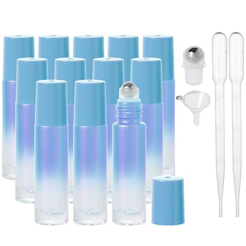 SESENSE Essential Oil Roller Bottles, 10ml Thick Glass Perfume Roller Bottles with Funnel Opener and Dropper Colored Glass Empty Bottles with Stainless Steel Roller Balls (Blue, 12 Pack)