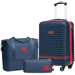 Coolife Suitcase Set 3 Piece Luggage Set Carry On Travel Luggage TSA Lock Spinner Wheels Hardshell Lightweight Luggage Set(Navy+Red, 3 piece set (DB/TB/20))