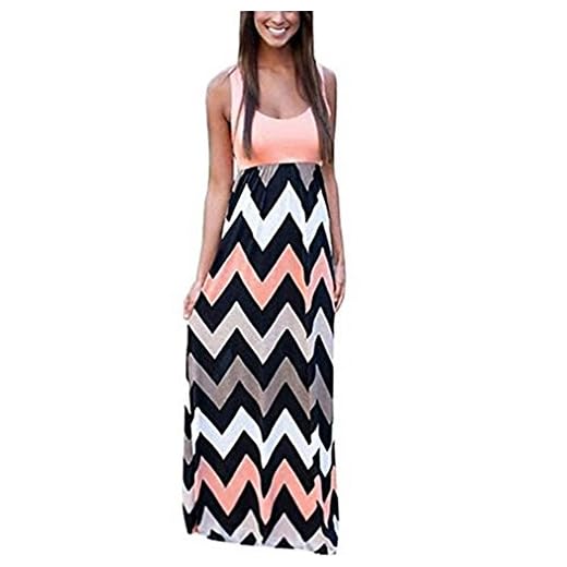 Cloudsemi Damen Sommerkleid Kleider Maxikleid Streifen Schulterfrei Rundhals High Waist Lang Kleid Partykleid (M, Rosa)