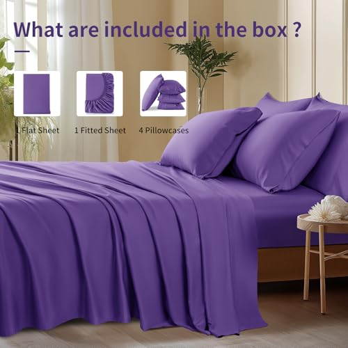 Image of Shilucheng 6 Piece King Sheet Sets, Cooling Sheets, Blend Rayon Derived from Bamboo, Deep Pocket Up to 16 inch, Breathable & Soft Bed Sheets, Hotel Silky Bedding Set, Purple