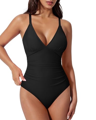 SUUKSESS Womens Slimming One Piece Swimsuits Sexy V Neck Bathing Suits Crisscross Backless 1 Piece Adjustable Strap Swim Suit 2026(Black Medium)