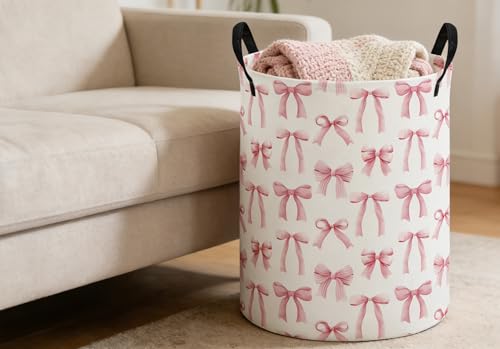 Image of ESSME Kids Laundry Basket,Pink Hamper Collapsible Canvas Waterproof Storage Bin for Girls, Cute Hamper,Gift Baskets(Bowknot)