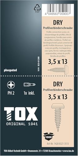 TOX Profilverbinderschrauben DRY PV 3,5 x 13 mm, Schrauben schwarz phosphatiert mit Panhead + Feingewinde, zur Verbindung von CW-Profilen oder Blechen, PH2, 1000 Stück, inkl. 1x Bit, 142883213513