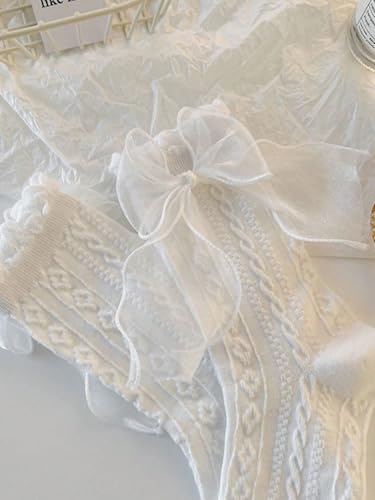 GORGLITTER Women's 3 Pairs Bowknot Floral Lace Ruffle Trim Socks Textured Mid Calf Crew Socks4