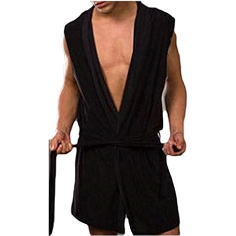 Men's Silk Bathrobe Hooded Sleeveless Open Front Sleepwear Pajamas (XXL, Black) Cover