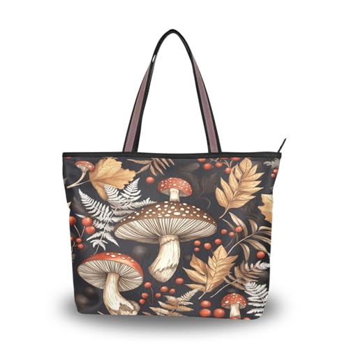 Ewusp Bolso de mano con diseño de hojas y hongos para mujer, de lona, con cremallera, casual, para viajes, compras, trabajo, a, 17.72' L x 13.0' H x 5.2' W