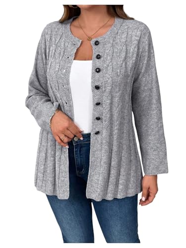 OYOANGLE Women's Plus Size Cable Knit Button Down Cardigan Sweater Crew Neck Knitted Outerwear Coats