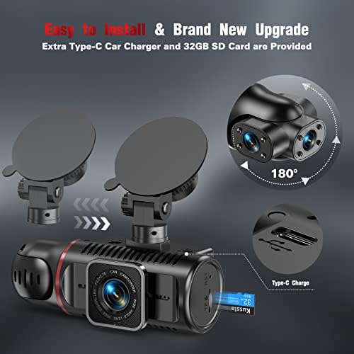 Dash Cam Front and Rear Inside 3 Channel Dashcam for Cars 1080P Dash Camera Adjustable Lens 3 Ways Triple Car Electronics w 32GB card G-sensor Parking Monitor Loop Recording Night Vision