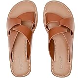 Luoika Women's Wide Width Flat Slides Sandals, Strapy Slide Sandal Slip on Dressy Summer Shoes for Women. 210901,Tan,8.5XW
