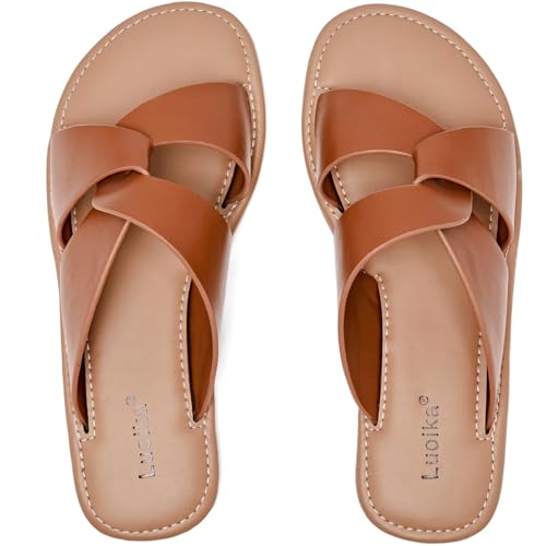 Luoika Women's Wide Width Flat Slides Sandals. Tan 210901 13XW