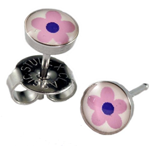 Ear Piercing Earrings Pink Flower 5mm Stainless Silver Studs Studex System 75 Hypoallergenic