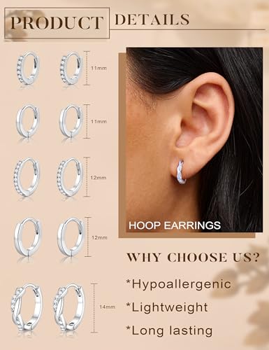 Turandoss 5 Pairs Hypoallergenic Silver Hoop Earrings Set for Women Trendy - image 3