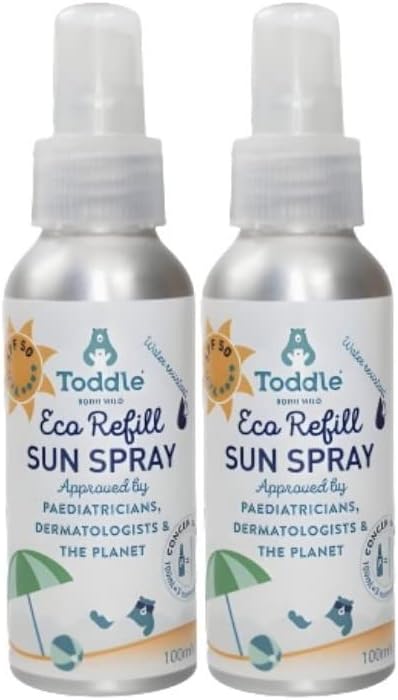 ToddleKids Sun Cream SPF 50 - Spray on Baby Sunscreen with UVA UVB Protection, Dermatologically Safe - Water-Resistant and Refillable Container, Suncream for Sensitive Skin, x2 100ml