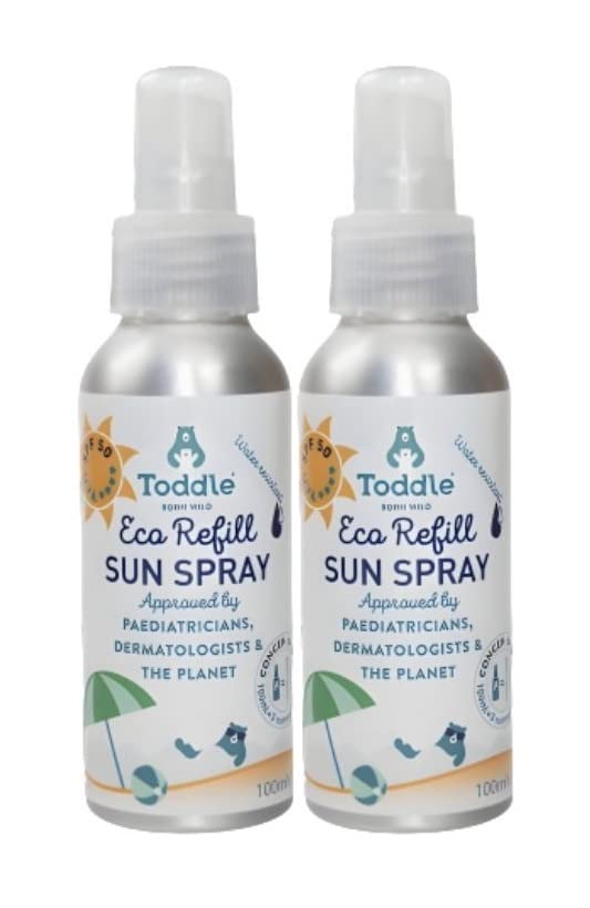 ToddleKids Sun Cream SPF 50 - Spray on Baby Sunscreen with UVA UVB Protection, Dermatologically Safe - Water-Resistant and Refillable Container, Suncream for Sensitive Skin, x2 100ml