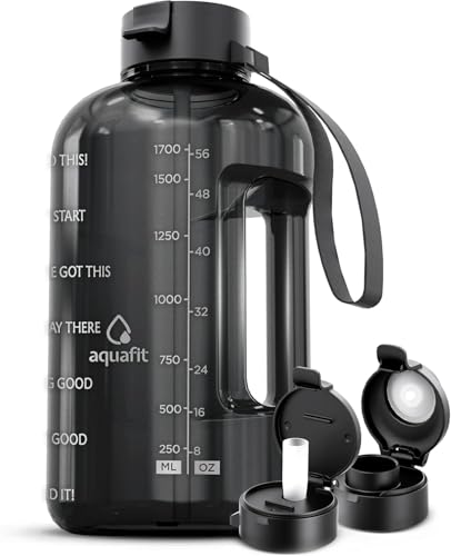 AQUAFIT Half Gallon Water Bottle with Time Marker - Straw & Chug Lid - BPA Free Gym Water Bottle with Straw - Big Gallon Jug (Gray, 64 oz - 2 Lids)