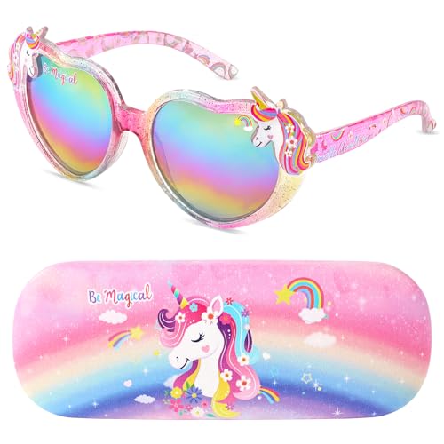 Beipegin Gafas de sol Niña Gafas Corazon Gafas de sol Unicornio UV400 Protección Rayos Decorativas y Funda Gafas Fiesta Niña 3 Años a 10 Años