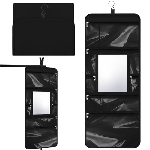 SilTriangle Hanging Toiletry Bag with Mirror for Women Hanging Mirror for Dance Bags Travel Large Foldable Dance Bag Organizer Storage Waterproof Cosmetic Case Accessories for Bathroom(Black) by SilTriangle - Used condition - US$7.07