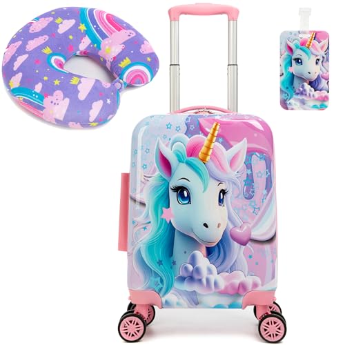 HTgroce Kinderkoffer mit Nackenkissen Set Handgepäck Leicht Handgepäck Koffer Trolley Mädchen Rollkoffer für Kinder