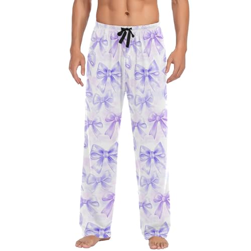 Men's White Bows Pajama Pants with Elastic Waistband | Soft Lounge Sleepwear | Breathable Sleep Pants for Home（532）