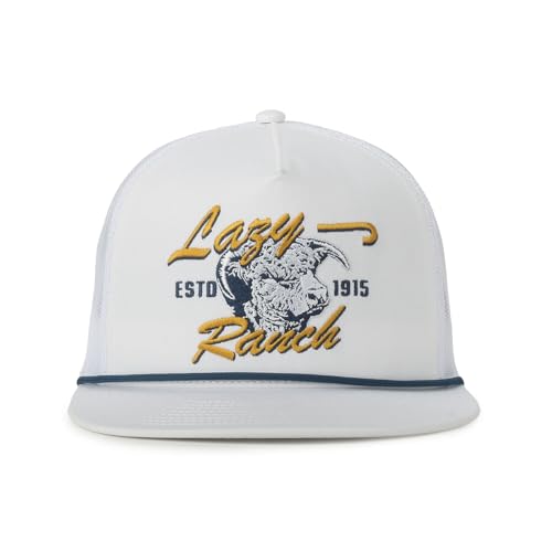 Lazy J White Patch Trucker Hat Cotton Twill Mesh Back Structured High Crown Plastic Snap Closure One Size