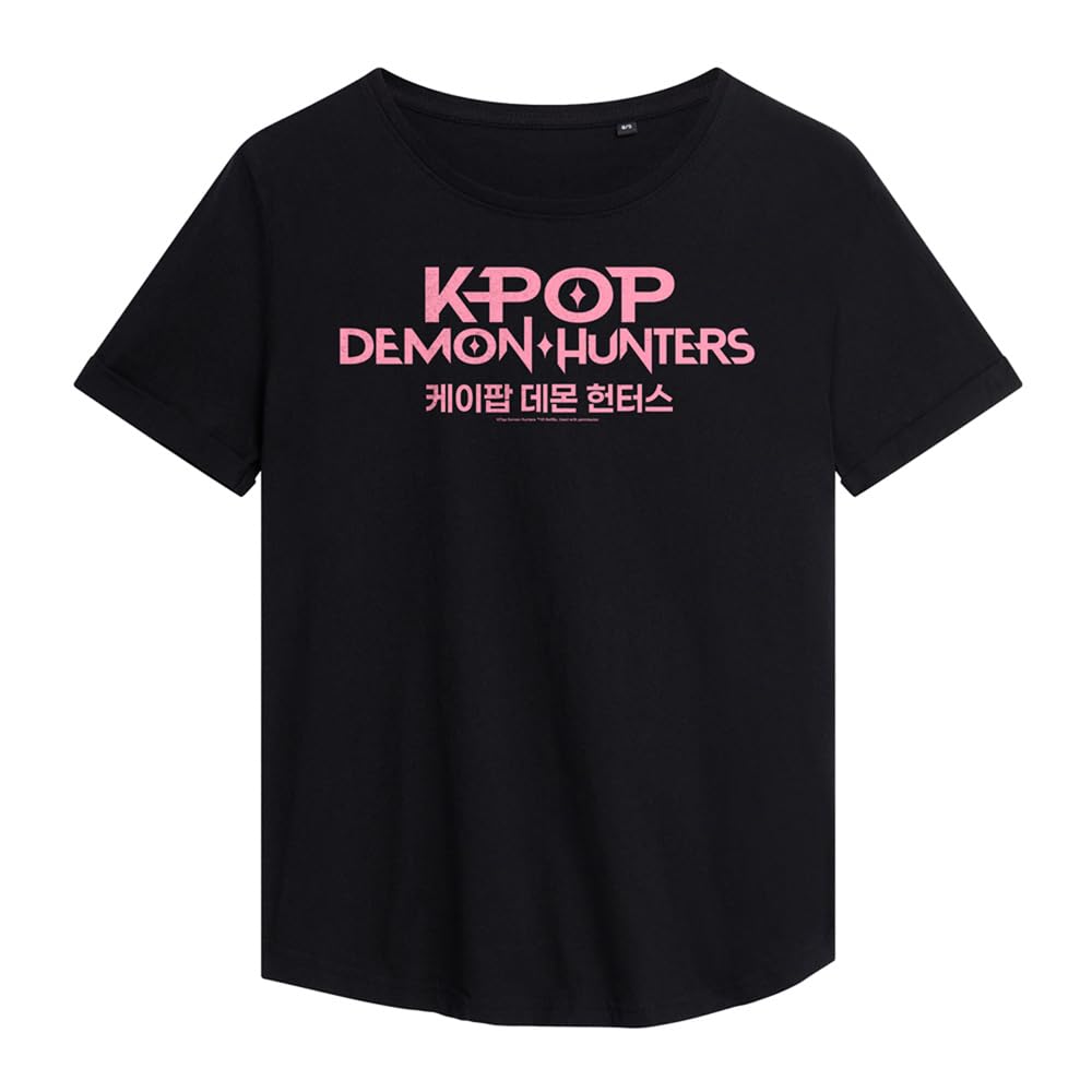 Kpop Demon Hunters Pink Logo Ladies Fashion T Shirt, Black, Small