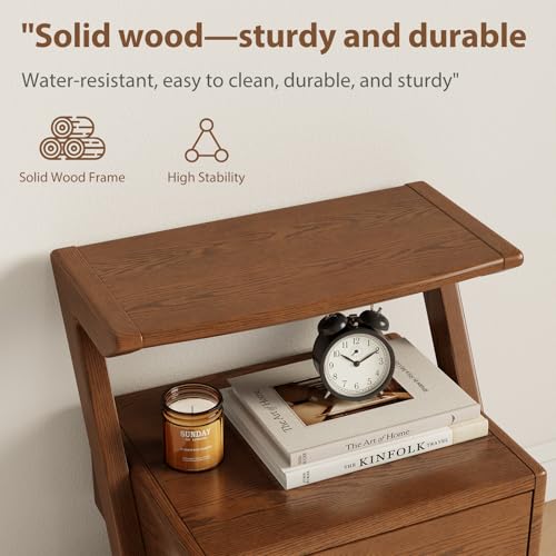 Image of Solid Wood nightstands Set of 2 with Open Shelf and Drawers, Z Wooden Set of 2 nightstands with Open Storage, Bedside Table Set of 2 for Bedroom, Modern Mid Century end Table.