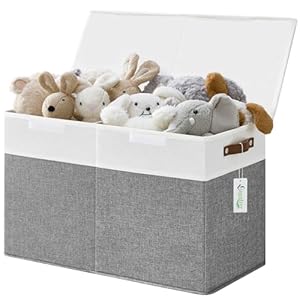 Large Toy Storage Box with Lids, Collapsible Sturdy Baby Storage Organizer Chest Bin Basket for Kids, Boys, Girls, Playroom, Nursery, Bedroom, Closet 25″x13″x16″ (Gray and White)