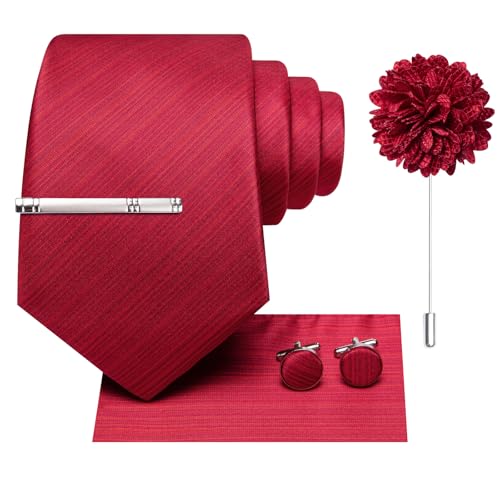 Image of Hi-Tie Solid Bright Red Mens Silk Woven Ties Set Classic Neckties and Pocket Square Lapel Pin Silver Tie Clip Cufflinks Set Wedding Business 6PCS