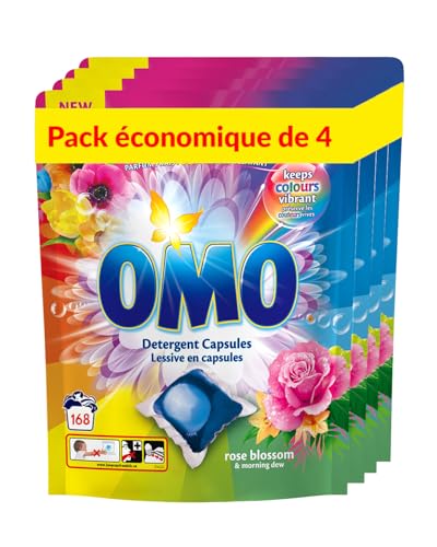 OMO Rose Blossom Cápsulas de detergente– Mega Pack 168 uds (42 x 4) – Elimina manchas eficazmente, frescura hasta 14 días, control integral de olores; apto para lavado en frío y empaque reciclable.