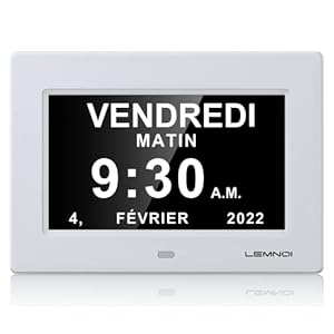 LEMNOI 7″ Inch LCD Digitale Klok Kalender met Datum Dag En Tijd Klok Niet-afgekort Auto Dimming 8 Talen HD Display Herinnering voor Alzheimer Ouderen en Kinderen