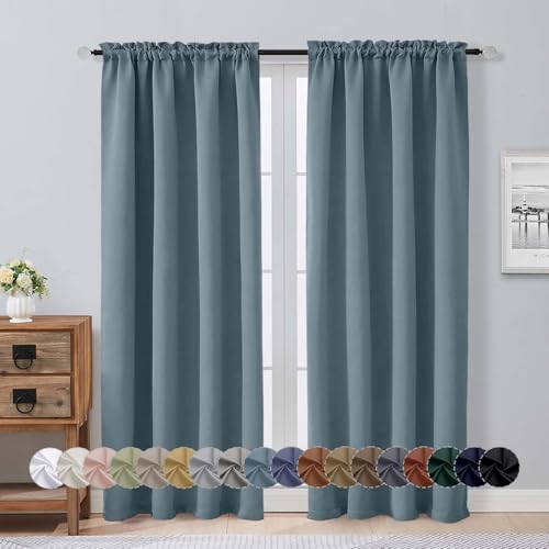 Image of Aiyufeng Stone Blue Blackout Curtains for Bedroom 72 Inch Length 2 Panels, Privacy Thermal Insulated Rod Pocket Door Window Curtains for Patio French Door Front Door, W40 x L72 Inch, Stone Blue