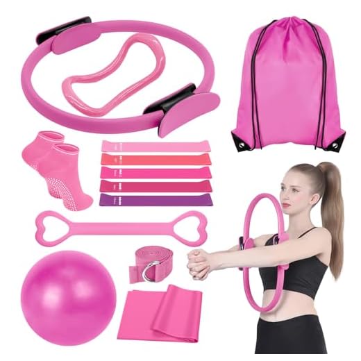 DVDGSC 13 Piezas Pilates Essential Kit: Kit Pilates en Casa Anillo Mágico Bandas y Accesorios para Glúteos Firmes Brazos Definidos - Set Hogar Gimnasio (Pink)
