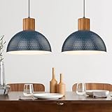 ELYONA Modern Hammered Pendant Light Fixtures with 12' Metal Shade Solid Wood Dome Hanging Pendant Light for Farmhouse Kitchen Island Dining Room Sink Bedroom Hallway Medium 2 Pack Blue