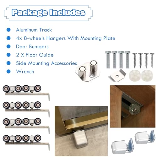 Kit de Herrajes para Puerta de Granero con Riel Doble AMUFJJ, Sistema Comercial de Carril para Puerta Corredera con Poleas para Paneles de 1" a 1 2/5" de Grosor, Riel Montaje en Techo de 2 pies (60cm) miniatura 5