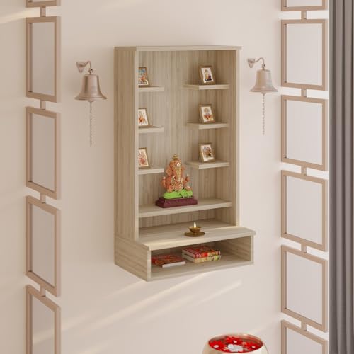Image of BLUEWUD Shubh Mini Wall Mount Wooden Mandir for Home, Temple for Home, Pooja Stand with Storage Shelves for Idold & Frames, Compact Mandir Temple Unit for Shops & Office (DIY - European Oak)