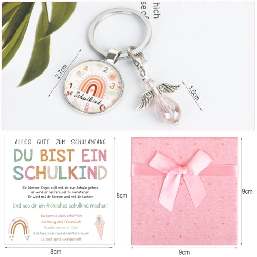 Einschulung Mädchen Geschenk, Schutzengel Schultüte Schlüsselanhänger, Rosa Schulkind Schultüte Füllung, Schulanfang Glücksbringer Geschenke, 2024 Erster Schultag Mutmacher plus Grußkarte Kinder